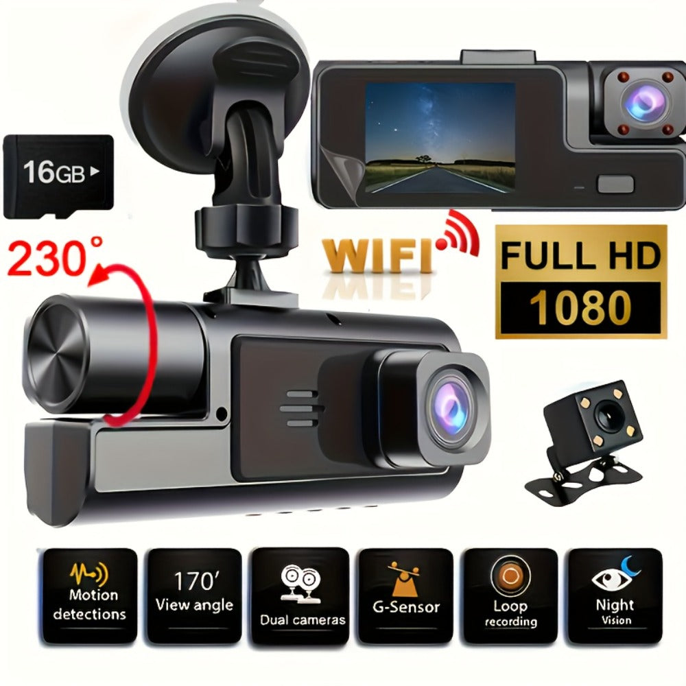 Dash Cam 1080P Dual & Triple Lens with IR Night Vision, 170° Wide Angle Car DVR Camera, WiFi, Loop Recording, G-Sensor, 24H Parking Mode, 2-Inch IPS Screen, 16GB/32GB TF Card, Car Dashboard Camera