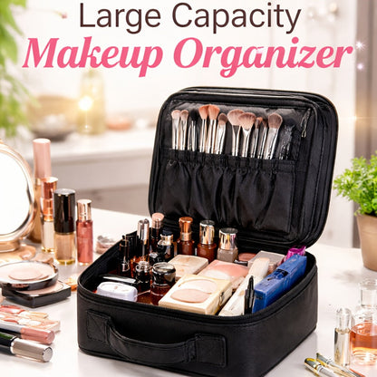 Large Makeup Bag for Women Travel Toiletry Case Durable Fabric Cosmetic Organizer Sturdy Handle Easy Clean Lining for Brushes Lipstick Skincare Beauty Storage Pouch Black 10.24x9.06 Inch