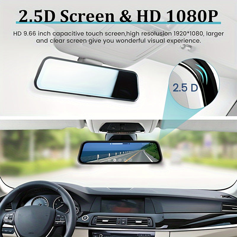 Front And Rear Mirror Dash Camera, Featuring a Rearview Mirror Camera with a TF Card, a 9.66-Inch 1080P IPS Touchscreen, Loop Recording, Wide Angles of 150° And 120°, Night Vision, G-Sensor, And an AHD Backup Camera