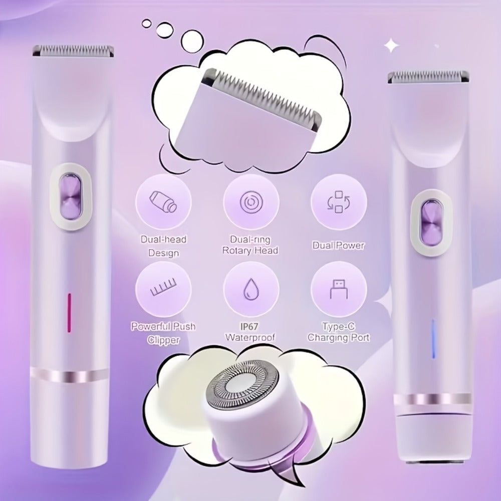 Electric Bikini Razor 2-in-1 Women USB Rechargeable Dry Wet Face Shaver - Painless Hair Removal Bikini Line Underarms Legs Arms Face Portable Cordless Lady Shaver Pink Purple Blue