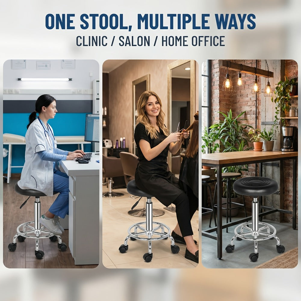 Round Padded Swivel Bar Stool 360° with Chrome Base - Adjustable Height Salon Kitchen Counter Stool for Nail Salon Beauty Studio Home Bar Reception, Black & White, 13"x24"