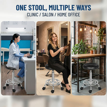 Round Padded Swivel Bar Stool 360° with Chrome Base - Adjustable Height Salon Kitchen Counter Stool for Nail Salon Beauty Studio Home Bar Reception, Black & White, 13"x24"