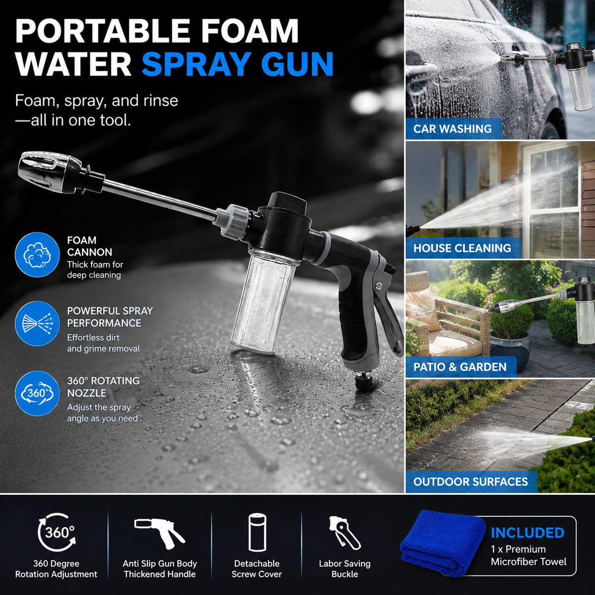 High-Pressure Car Wash Gun with Extended Spray Rod, Durable Hose Nozzle, Adjustable Spray And Leak-Proof Design, Suitable for Washing Trucks/Suvs/Rvs And Cleaning Driveways, Decks, And Gardens, Without Battery