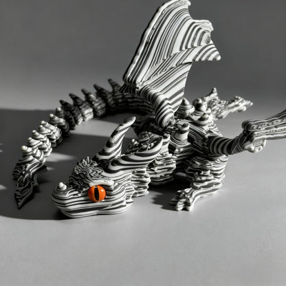 Articulated Cybernetic Dragon Statue – 3D Printed Black & White Swirl Fidget Figurine with Random Eye Color, Poseable Collectible Fantasy Art for Desktop Display, Cool Gift for Teens & Adults 14+