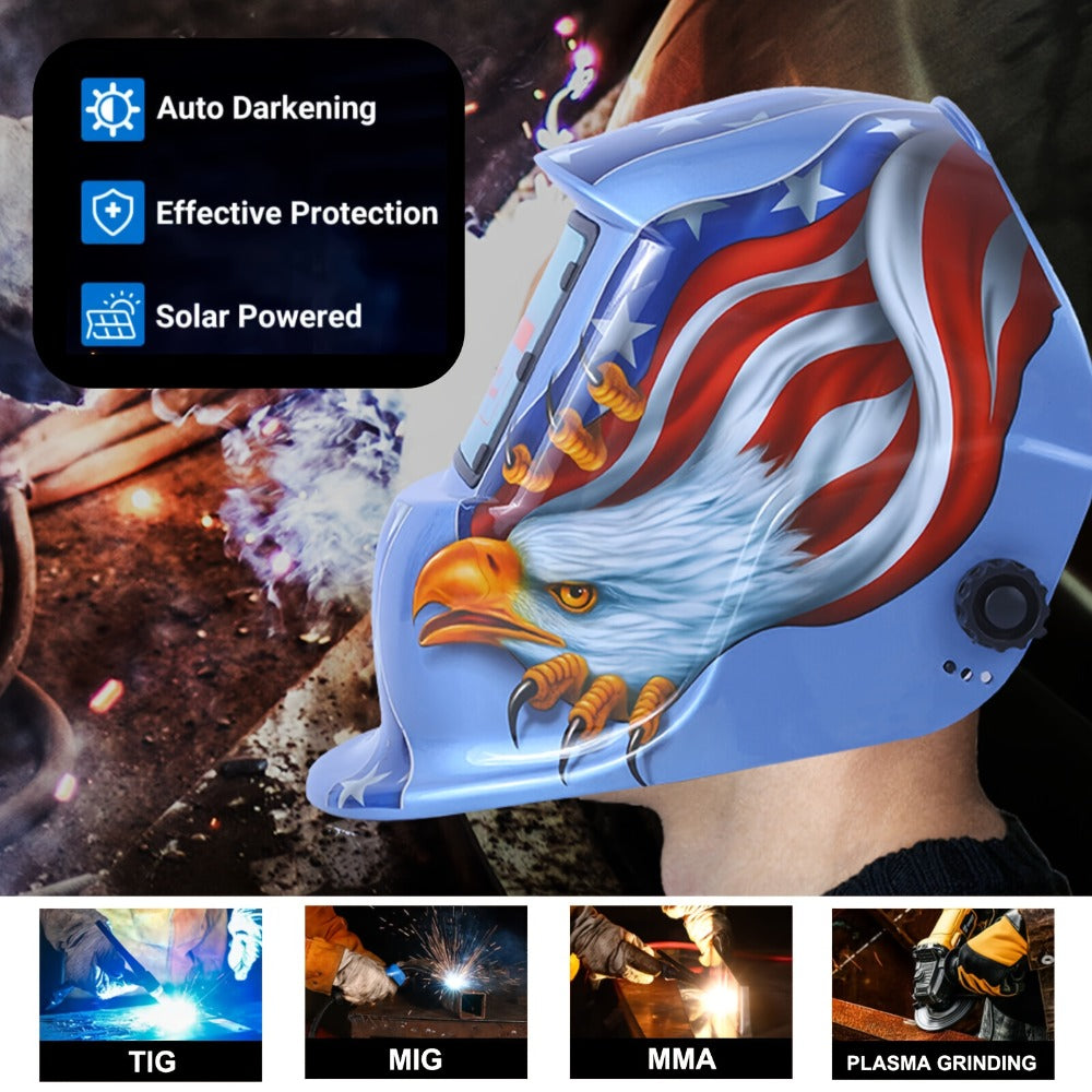 Auto Darkening Welding Helmet True Color Solar Powered – Large View Area DIN 9-13, 1/25000s Response, Adjustable Headgear Eagle Lightning