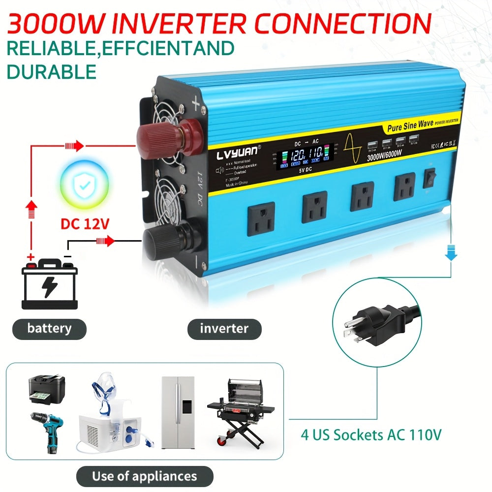 LVYUAN Pure Sine Wave Inverter 3000 Watt/6000W(Peak)Inverter 12V to 110V DC to AC with Remote Controller, LCD Display 4 AC Sockets And 4 USB Charge Ports for Home Car Truck Solar System