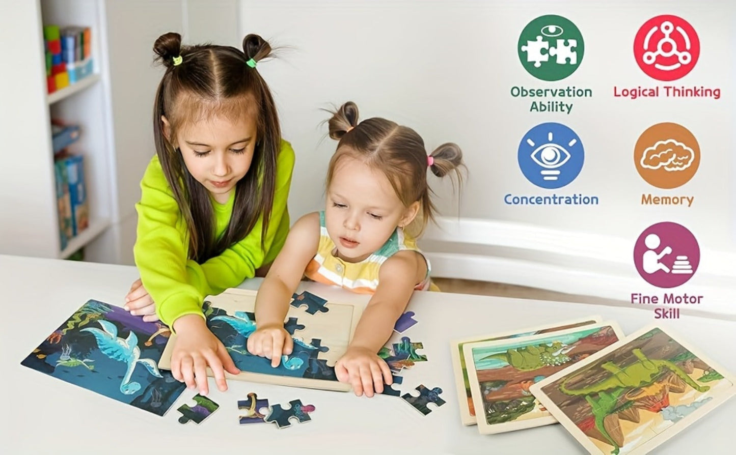 Dinosaur Puzzle Set for Kids Ages 3-8 Wooden 4-in-1 Jigsaw with 24 Pieces Each – Colorful Preschool Educational Toy for Boys & Girls, Fun Birthday Christmas Easter Gift for Toddlers & Children