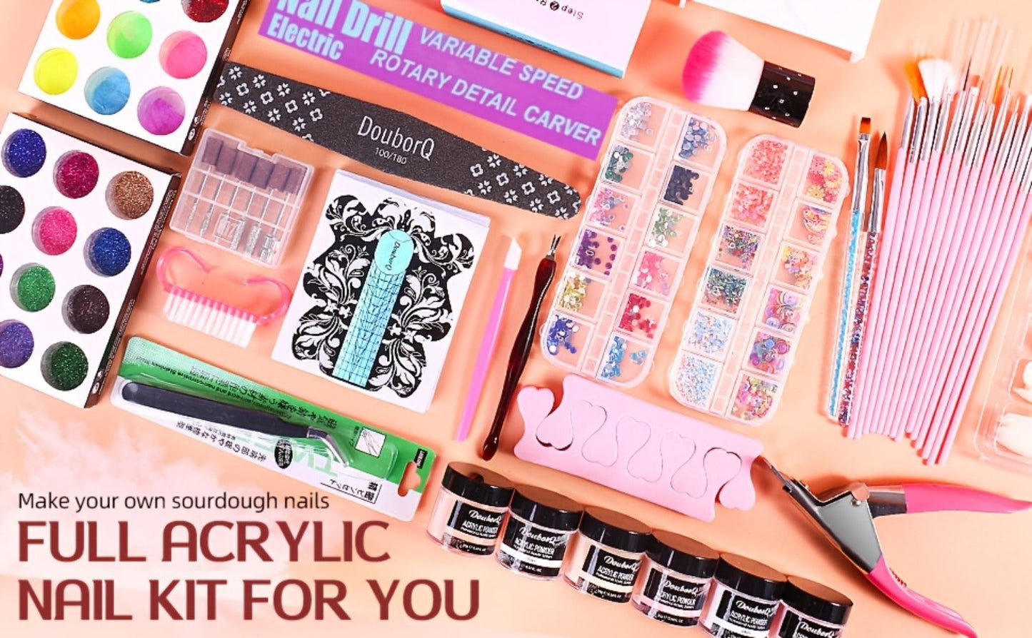 Acrylic Nail Kit with Electric Drill & UV LED Nail Lamp - Complete Professional Starter Set for Beginners with Acrylic Powder Brush Tools All-in-One Nail Extension System