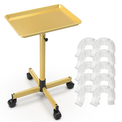 Salon Rolling Trolley Cart Adjustable Height with 10 Disposable Covers Mobile Utility Tray for Spa Tattoo Hairstylist Nail Salon Fits Trays up to 27.5 Inch Gold Pink