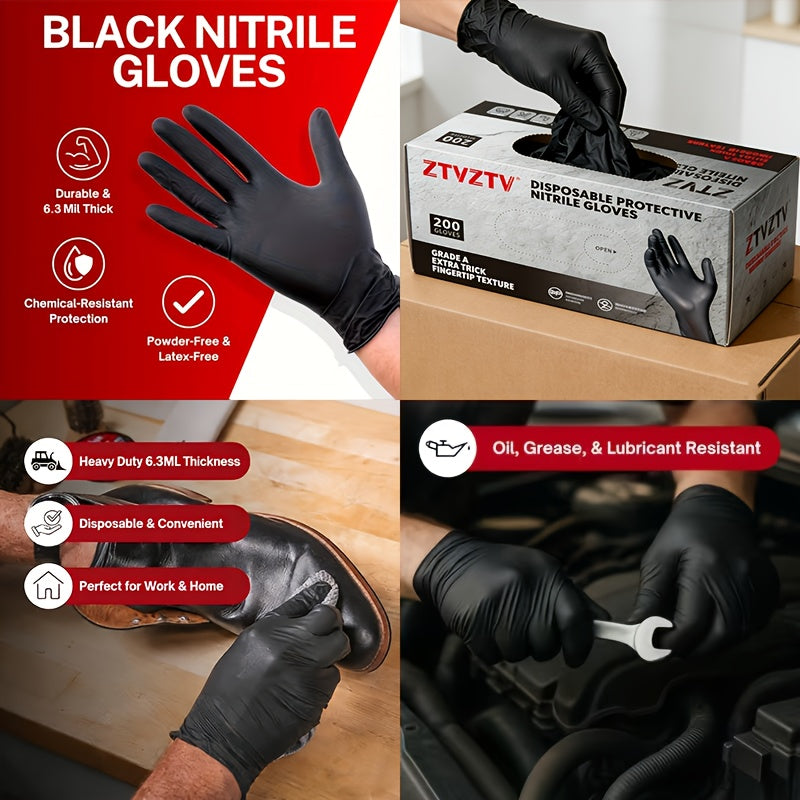 200pcs, Black Nitrile Disposable Gloves, High-Density, Flexible Fit, Chemical Resistant, Industrial-grade Latex-free, Specially Designed For Maintenance Teams, Suitable For Household Cleaning, Tattooing, Painting, Car Washing, Dishwashing