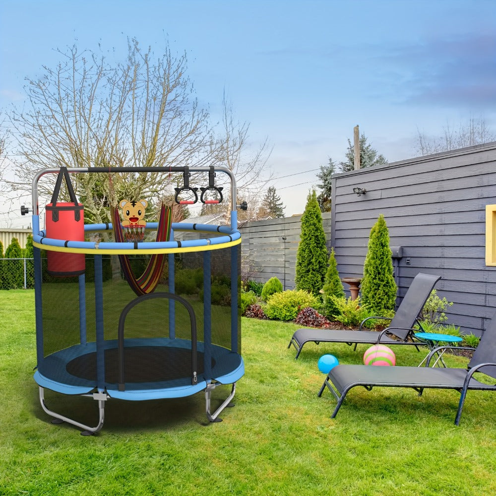 60 Inch Trampoline with Enclosure and Gymnastics Bar – 440 Lbs Capacity Height Adjustable Indoor Outdoor Round Trampoline with Toys for Kids | Best Birthday Gift for Boys and Girls