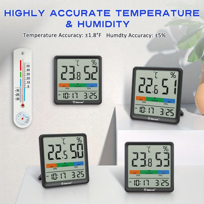 Indoor Thermometer Hygrometer Digital | Accurate Temperature Humidity Monitor with Clock & Calendar | Desktop Room Humidity Gauge for Home Office Bedroom Baby Room