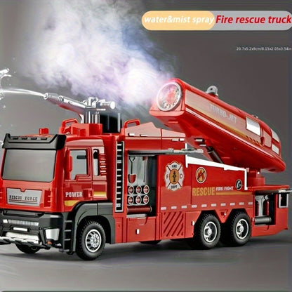 Zinc Alloy Fire Truck Toy with Water Mist Spray, Pull Back Fire Engine with Lights & Sounds – Die-Cast Fire Rescue Truck for Kids Boys Girls Birthday Holiday Gift