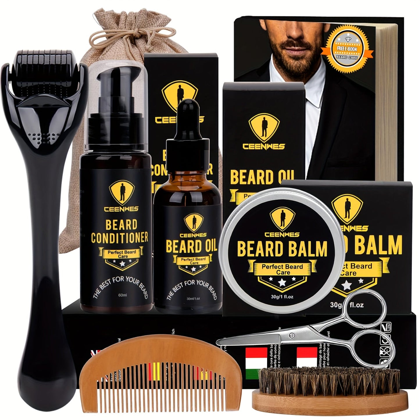 Beard Grooming Kit Men 6-Piece Complete Set – Beard Oil Conditioner Brush Comb Scissors & Storage Bag, All-in-One Beard Care Gift for Dad Boyfriend Husband Birthday Father's Day Valentine's Day
