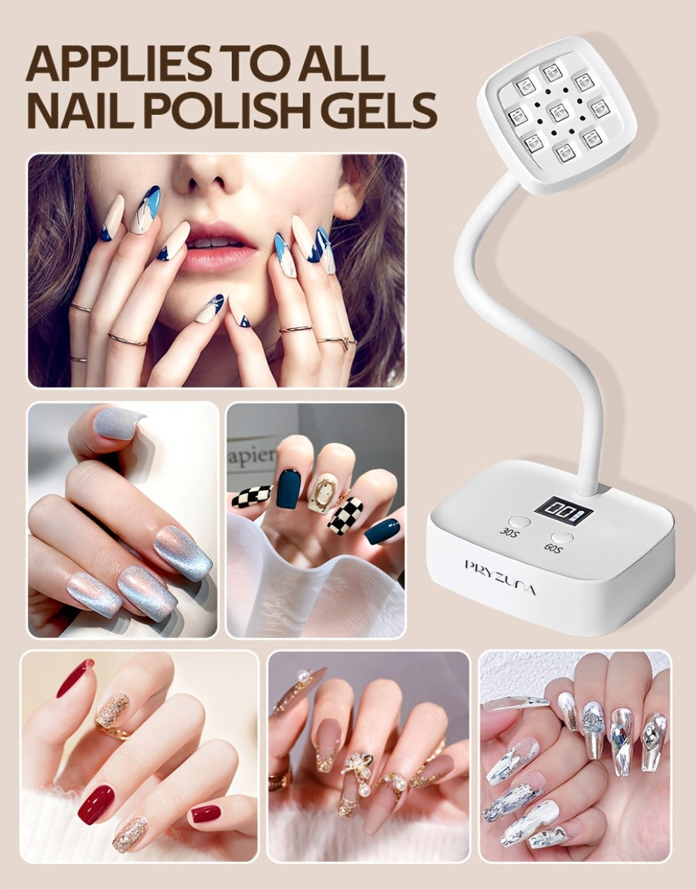 Gooseneck LED Nail Lamp 360° Flexible Portable USB Rechargeable Gel Nail Dryer Auto Sensor LCD Display 2 Timer Settings 9-Bead Dual Light Quick Dry for Home Salon Gel Polish Nail Art White
