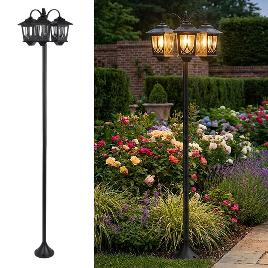 Solar Lamp Post 73in 3-Head Dusk to Dawn Outdoor Garden Light IP44 Waterproof Aluminum Rust-Proof Vintage Edison Bulb Patio Yard Pathway Decor