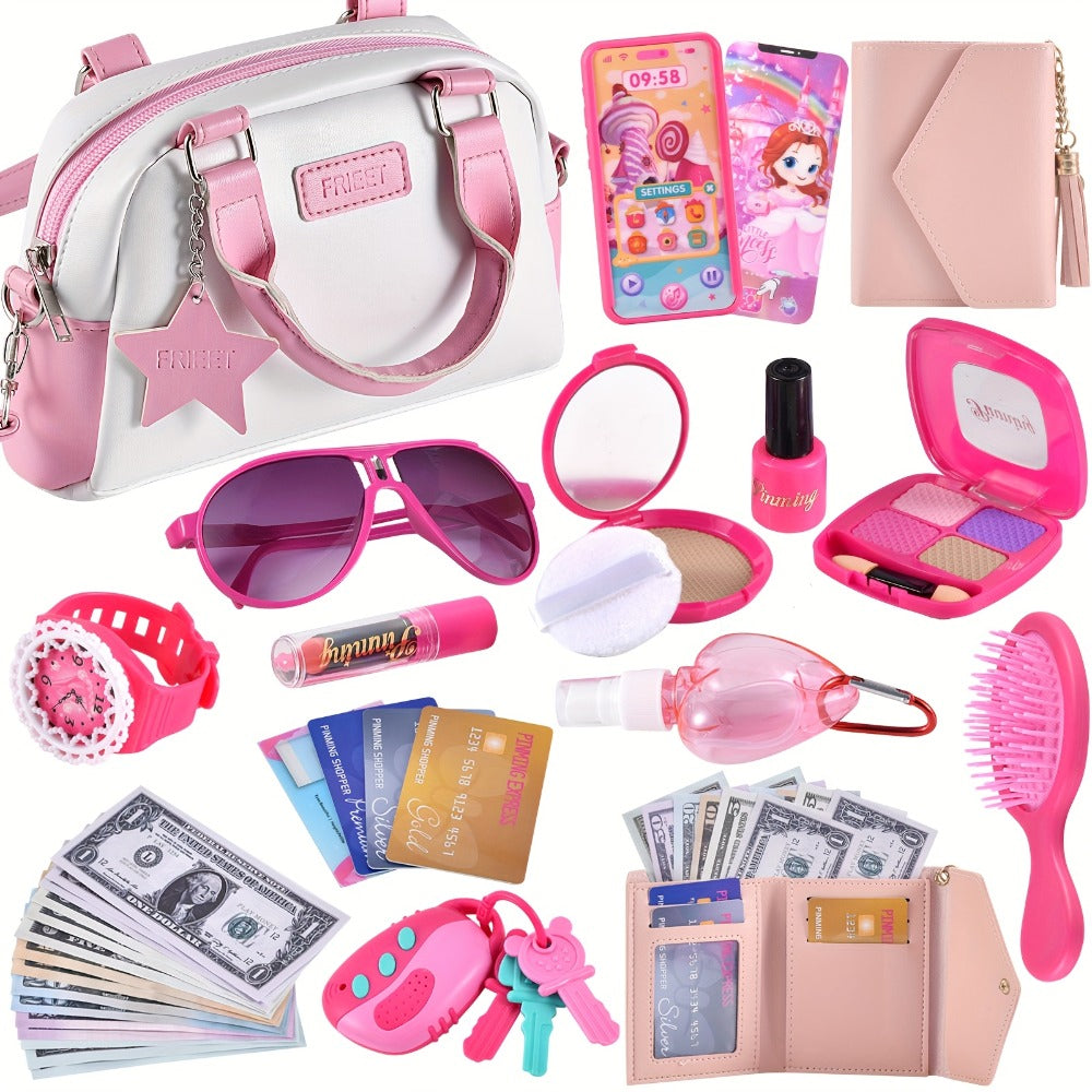Pink Princess Play Purse Set for Girls – Pretend Makeup Handbag with Phone, Lipstick, Keys & Crossbody Bag, Safe No-Mess Toy, Birthday Christmas Gift for Girls Ages 3+