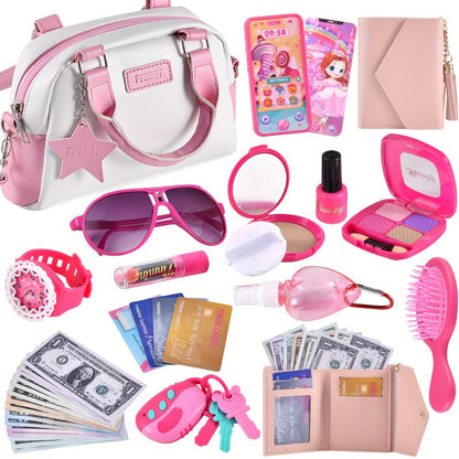 Pink Princess Play Purse Set for Girls – Pretend Makeup Handbag with Phone, Lipstick, Keys & Crossbody Bag, Safe No-Mess Toy, Birthday Christmas Gift for Girls Ages 3+