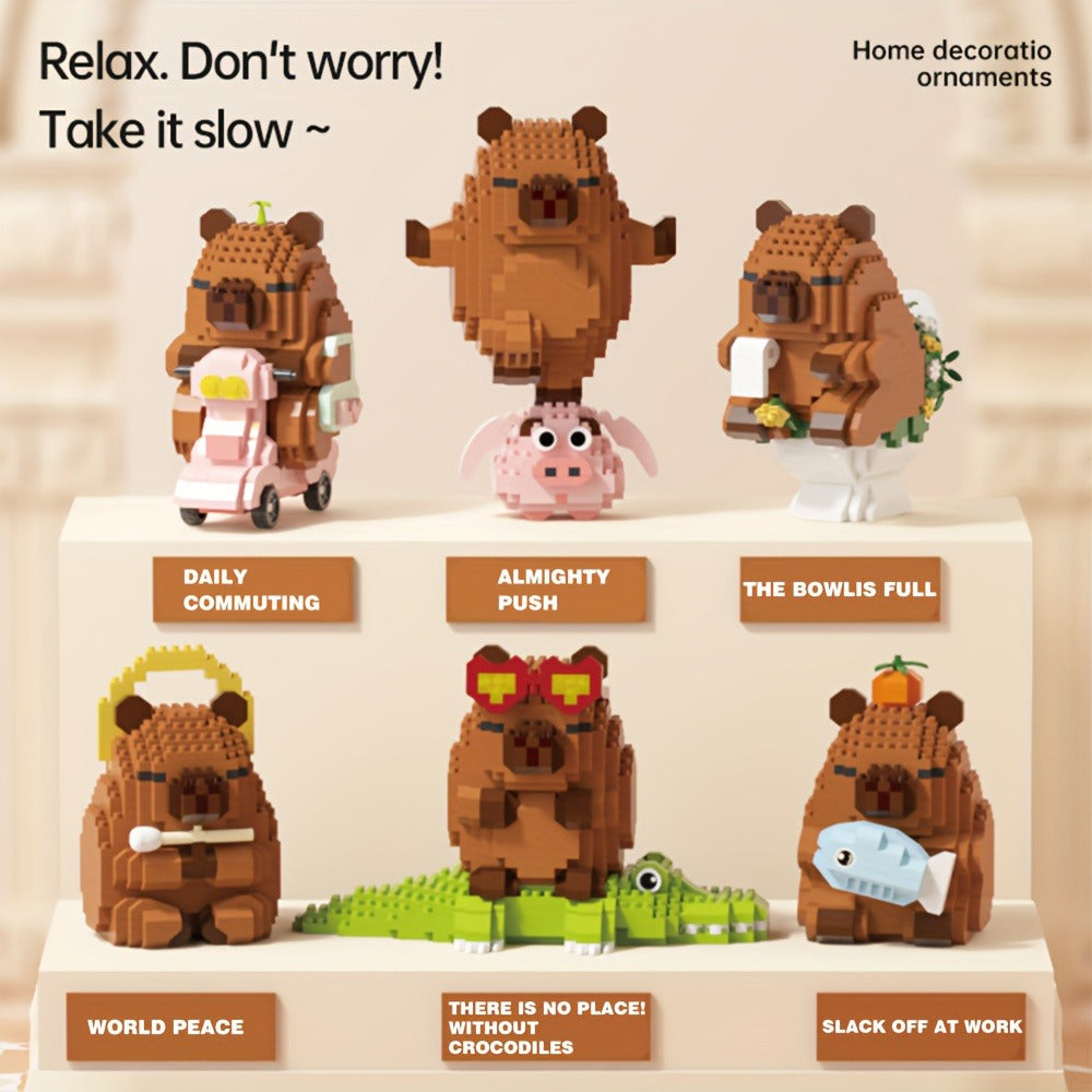 Capybara Micro Brick Building Set 562pcs Collector Edition – Miniature DIY Assembly Desk Decor Stress Relief Toy for Kids Teens Adults Capybara Lover Gift Birthday Easter Christmas Multiple Scenes