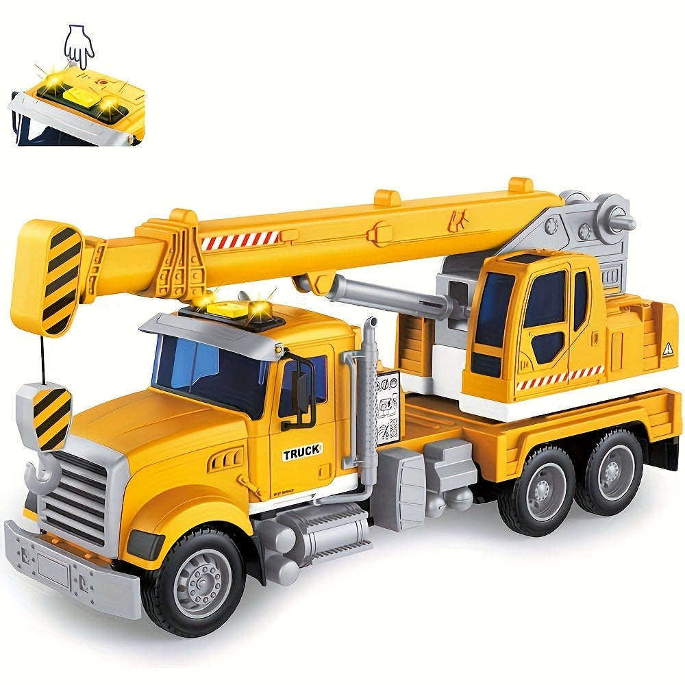 13-Inch Tow Truck Toy with Lights & Sounds – Friction Powered Transport Crane Truck for Boys Ages 3 4 5 6, Movable Arm & Towing Ramp, Birthday Christmas Gift