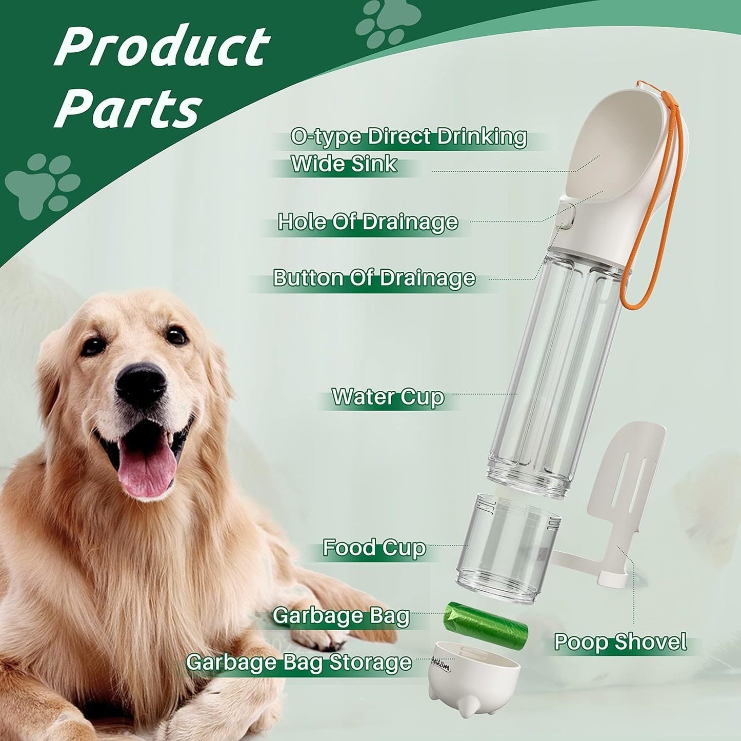 Portable Dog Water Bottle 3-in-1 – Travel Water Dispenser, Food Container & Poop Bag Holder for Dogs, Leak-Proof Silicone & ABS, Lightweight Outdoor Pet Water Bottle for Walks, Hiking & Camping | 300ml / 500ml
