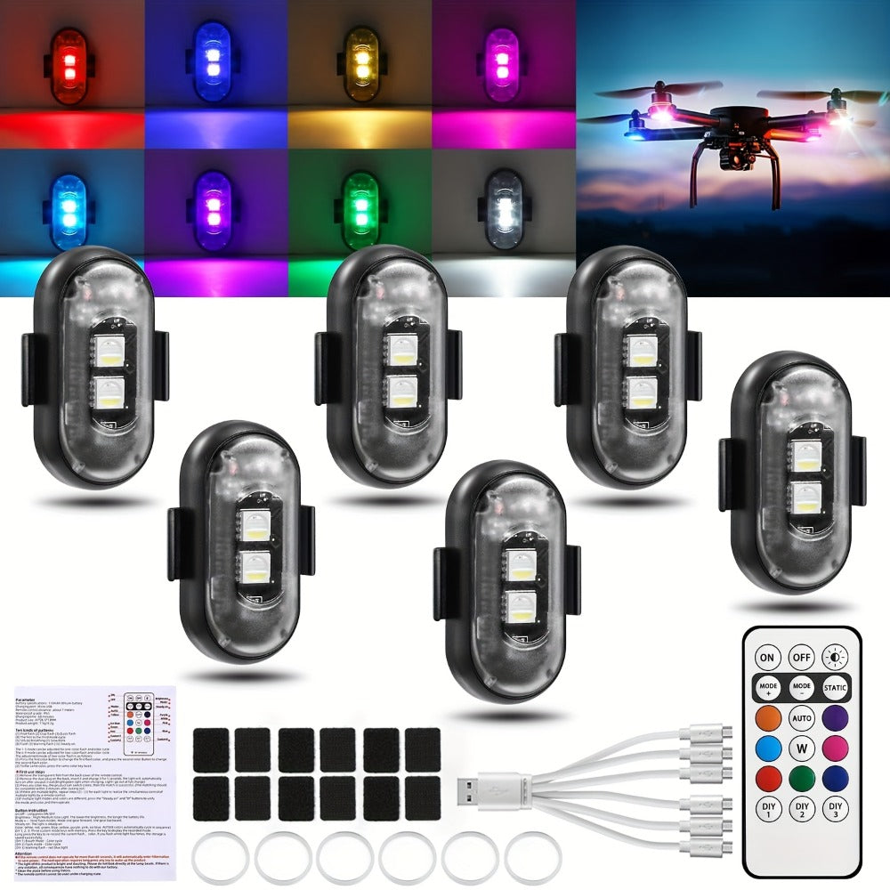 Wireless LED Strobe Warning Lights 6-Pack 8 Colors USB Charging IP65 Waterproof Anti-Collision Safety Light for Car Interior Truck Motorcycle Bicycle Drone – Remote Control Option Available