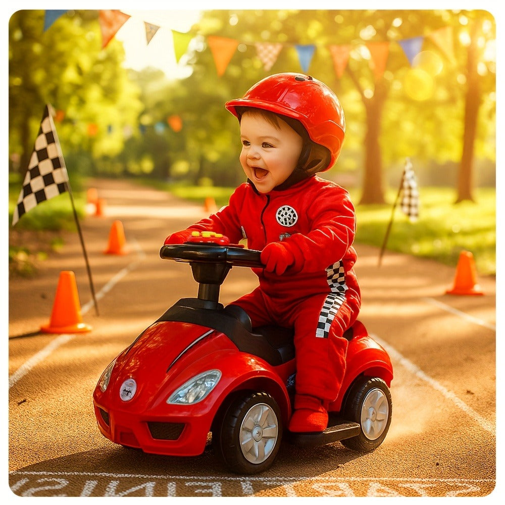 3-in-1 Toddler Push Ride & Walker Car – Baby Ride-On Toy with Guardrail, Music & Under-Seat Storage for Ages 18–36 Months | Indoor Outdoor Safe Play | Pink, Red