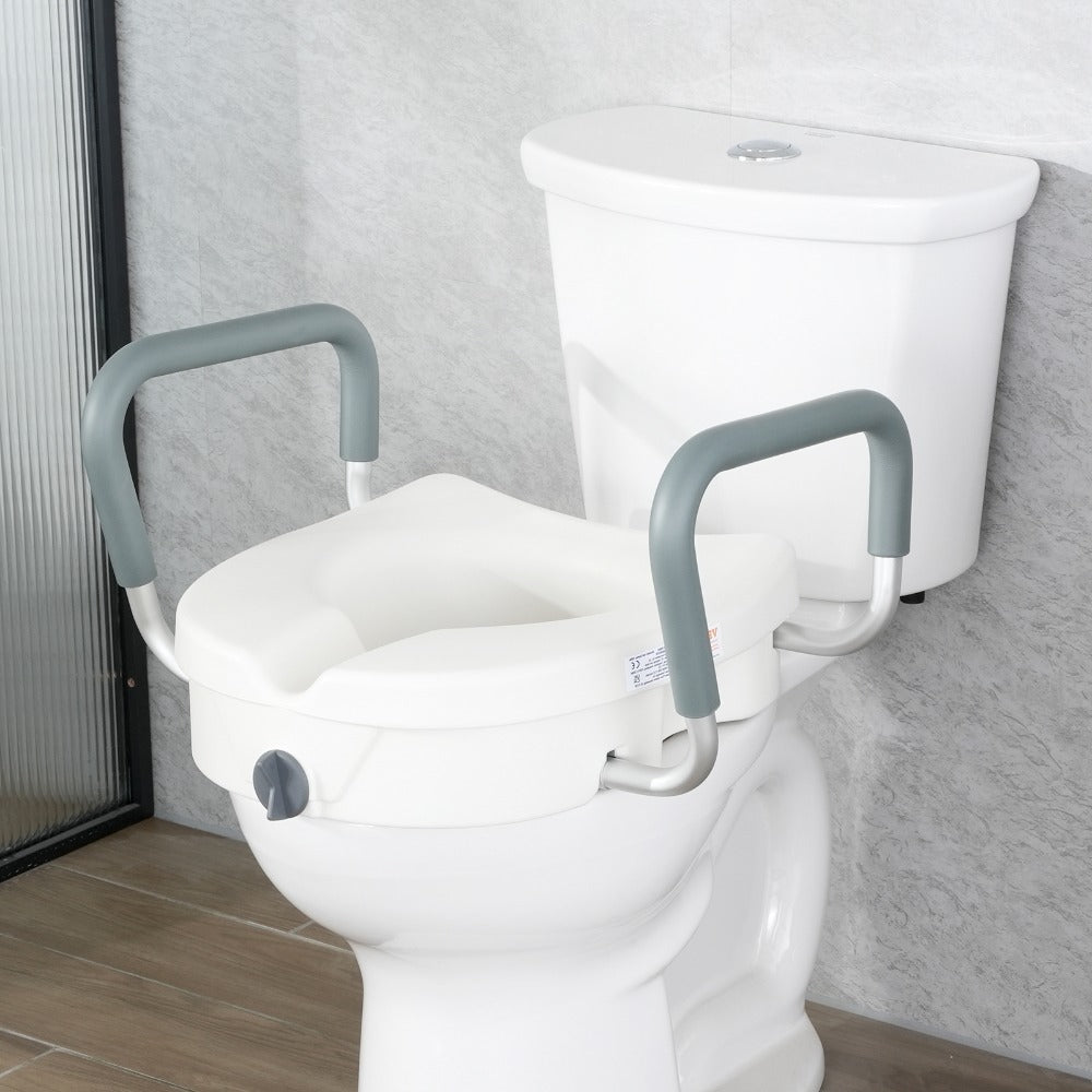 Raised Toilet Seat with Arms for Seniors & Elderly - 5 Inch Elevated Toilet Seat, 350 lbs Capacity, Twist Lock, Adjustable Armrests with Padding, Fits Round & Elongated Toilets