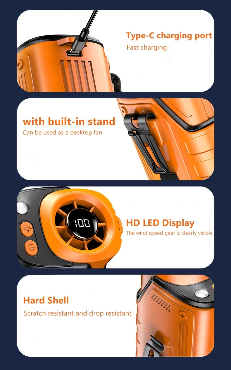 3-In-1 Portable Waist-Hanging Fan, Cooling And Heat Relief Fan for High-Temperature Outdoor Construction Sites, Rechargeable Small Fan with Digital Display, 3600Mah Long Battery, LED Flashlight, Camping Stuff, an Emergency Power Bank