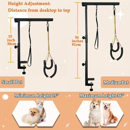 Dog Grooming Arm with Clamp 36 Inch Adjustable 3-Section Iron No-Sit Haunch Holder with Colorful Ropes for Small Medium Dogs Cats Black