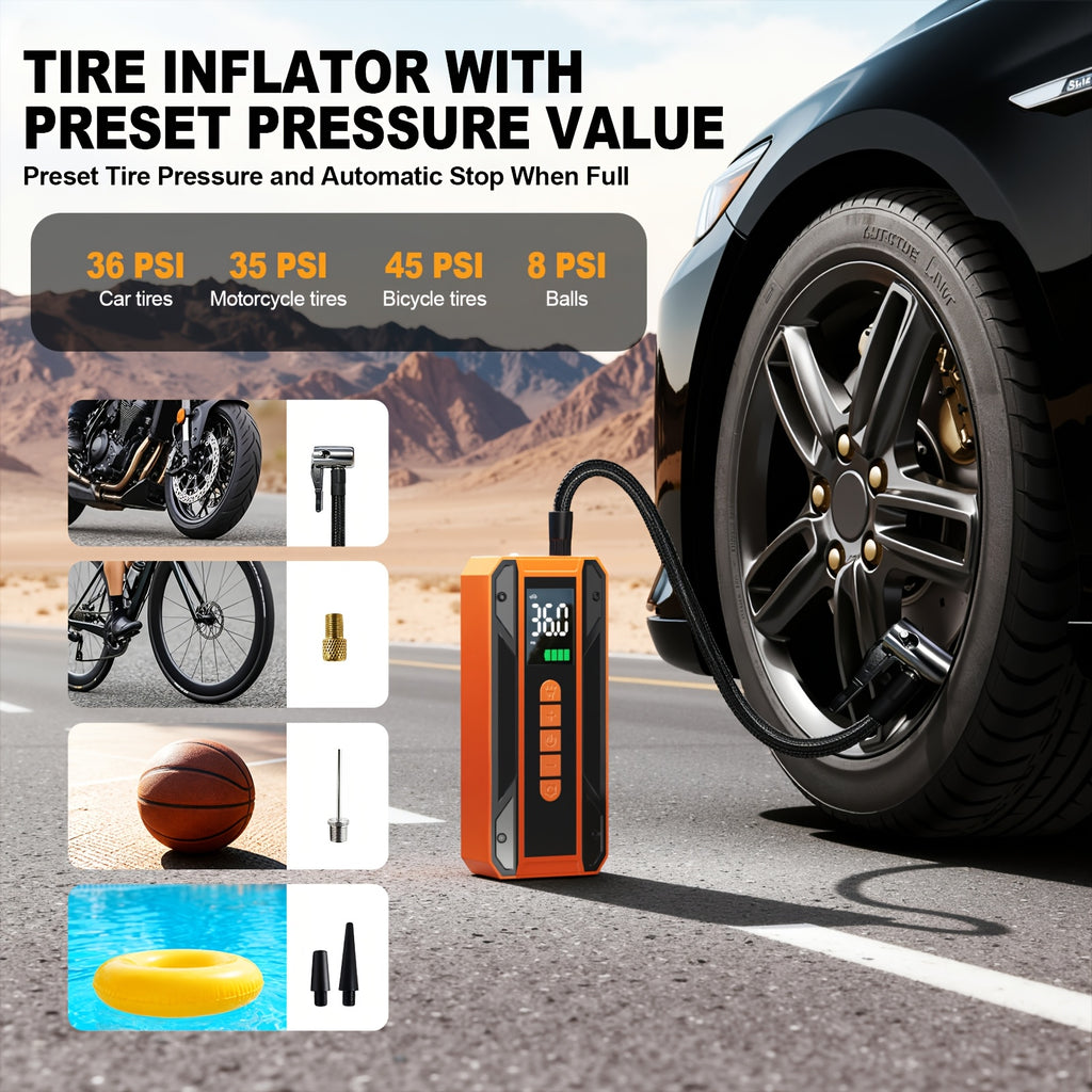 Portable 12V Jump Starter with Air Compressor & Tire Inflator, LCD Display Battery Booster Pack, - Power, 3-Mode Flashlight, Built-In Charger & Booster for, Emergency Power Supply Suitable for Car Jumper, Tire Inflator, Battery Booster