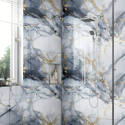 Peel and Stick Wall Tiles 50/100pcs - Waterproof PVC Marble Self-Adhesive Vinyl Panels for Bathroom Shower Kitchen Living Room TV Backdrop, Modern Wall Decor Easy Installation No Grout Required