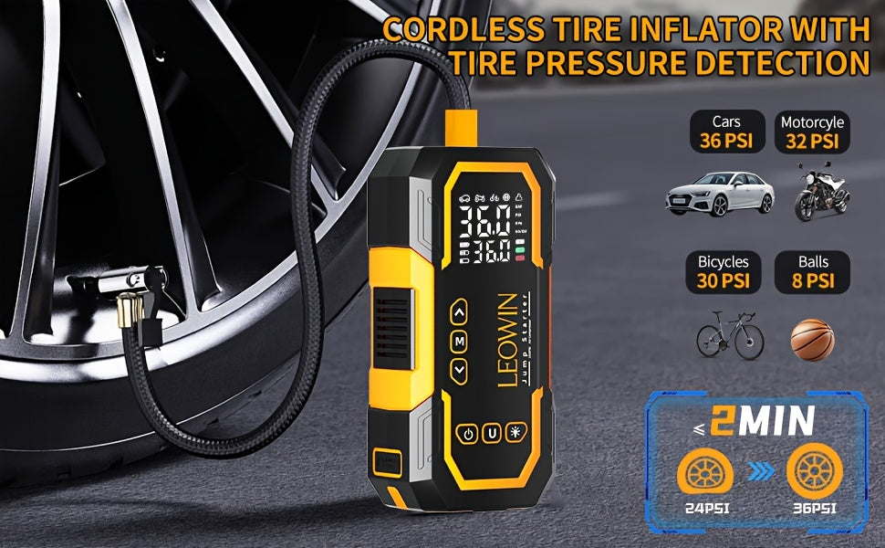 Portable Car Battery Jump Starter with Air Compressor, 12V Battery Booster Pack (9.0 Gas/1.72gal Diesel) with 150PSI Auto-Shutoff Tire Inflator, Jump Box with Smart Clamps, Jumper Cables, USB Input/output, LED Emergency, Car Accessories Tools
