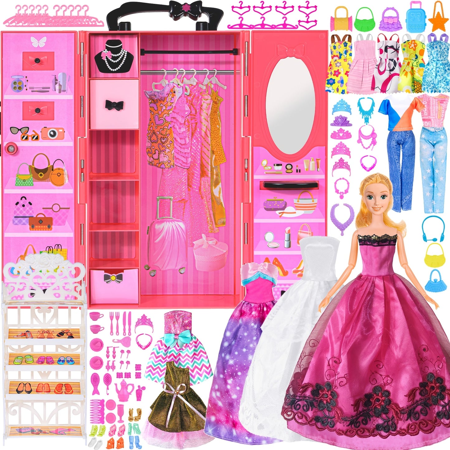 Fashion Doll Wardrobe Set 140pcs for 11.5 Inch Dolls – Deluxe Closet with Wedding Dress, Evening Gowns, Princess Dresses, Shoes, Necklaces & Accessories, Doll Included, Gift for Girls Ages 6-12