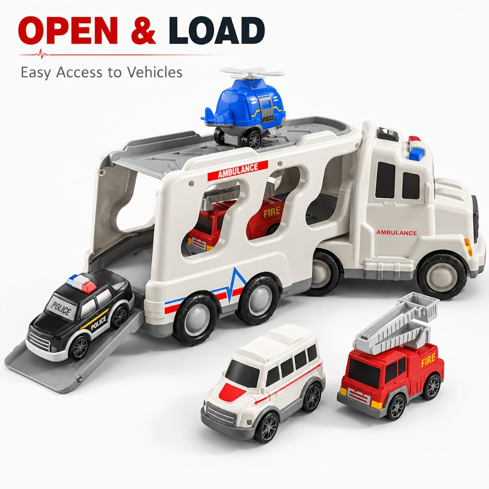 Ambulance Carrier Truck Toy Set 5-in-1 with Light & Sound for Kids Ages 3-8 – Friction Powered Rescue Vehicle Playset Fire Truck Police Car Helicopter Mini Cars Birthday Christmas Gift Boys Girls