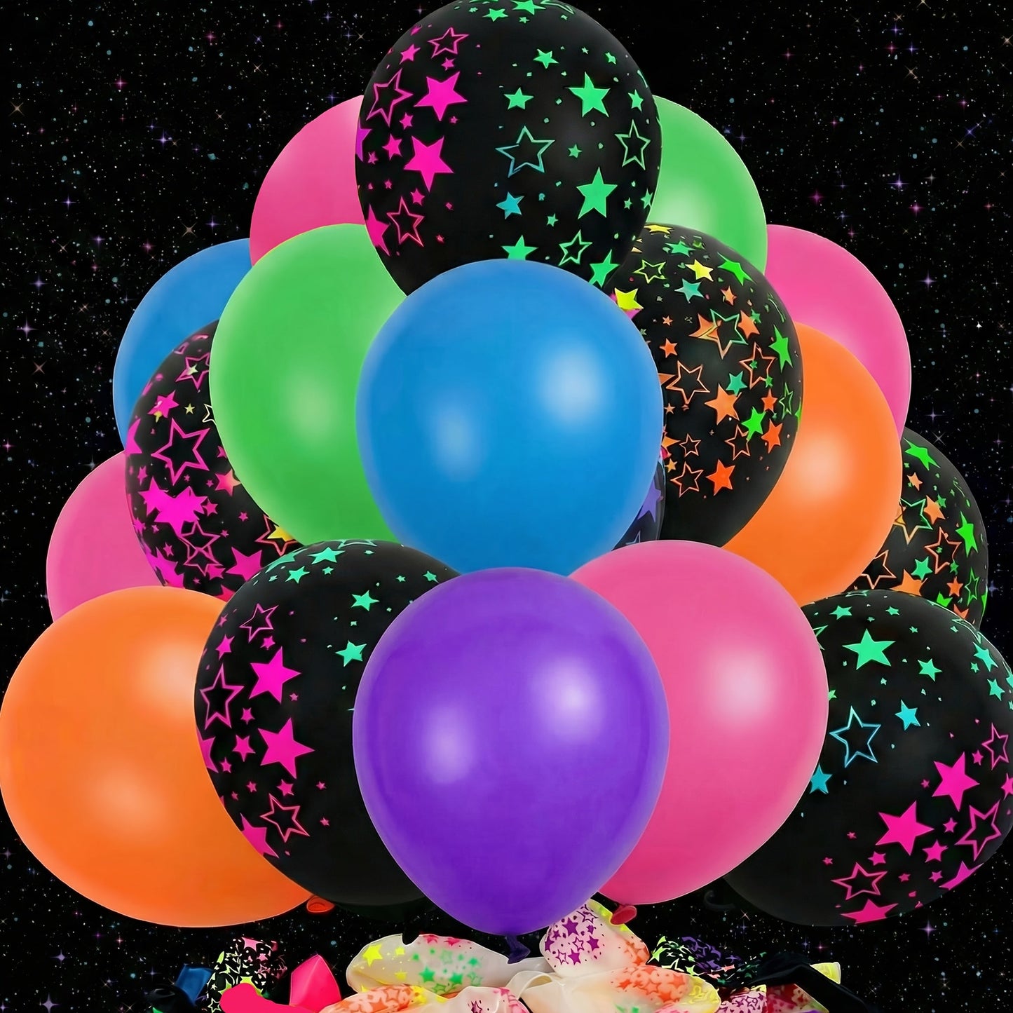 UV Neon Glow Balloons 42 Pcs Assorted – 12 Inch Blacklight Fluorescent Glow in the Dark Balloons with Neon Stars for Glow Party, Birthday, Wedding & Halloween Decorations