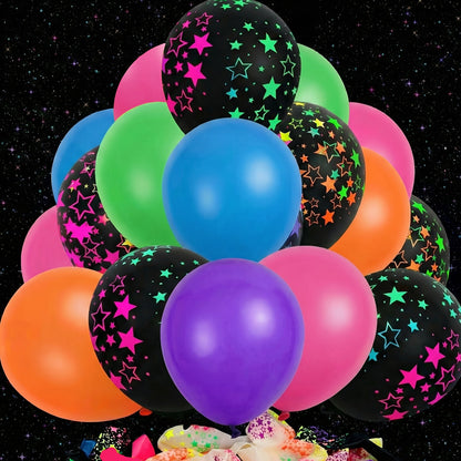 UV Neon Glow Balloons 42 Pcs Assorted – 12 Inch Blacklight Fluorescent Glow in the Dark Balloons with Neon Stars for Glow Party, Birthday, Wedding & Halloween Decorations