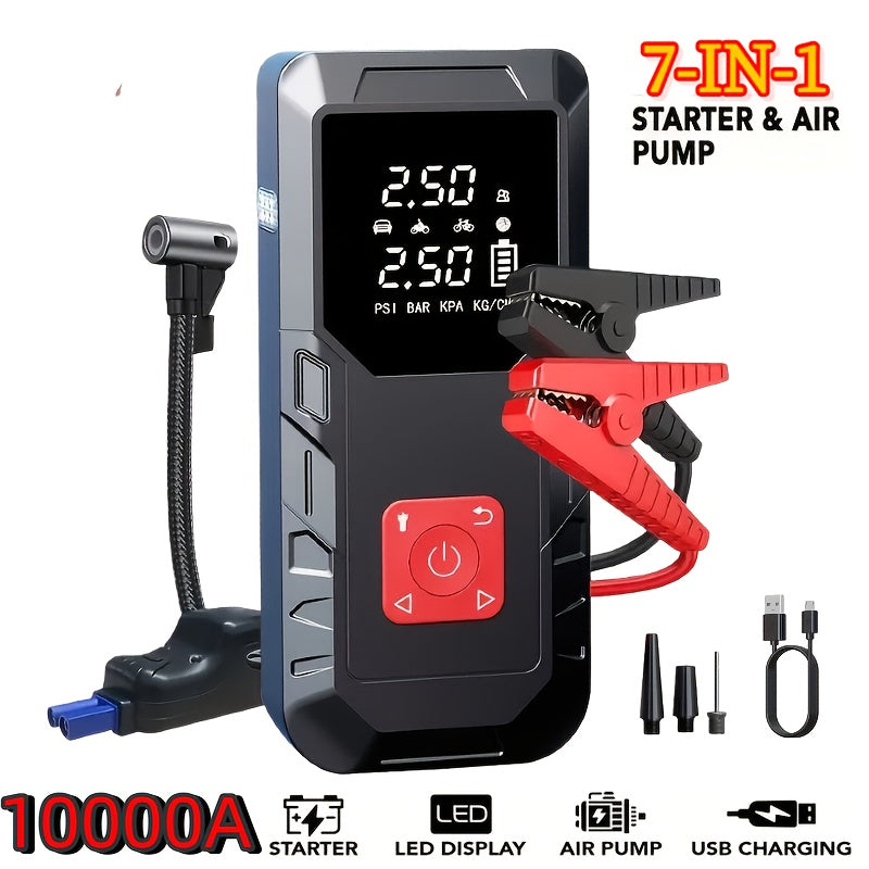 10000A Portable Car Jump Starter Optional10000A Portable Car Jump Starter (with 350PSI Tire Inflator) 9-in-1 Car Battery Charger Jump Starter Accessories And Tools LED Light USB Type-C And Output Interfaces Fast Charging Function, Suitable As Gift