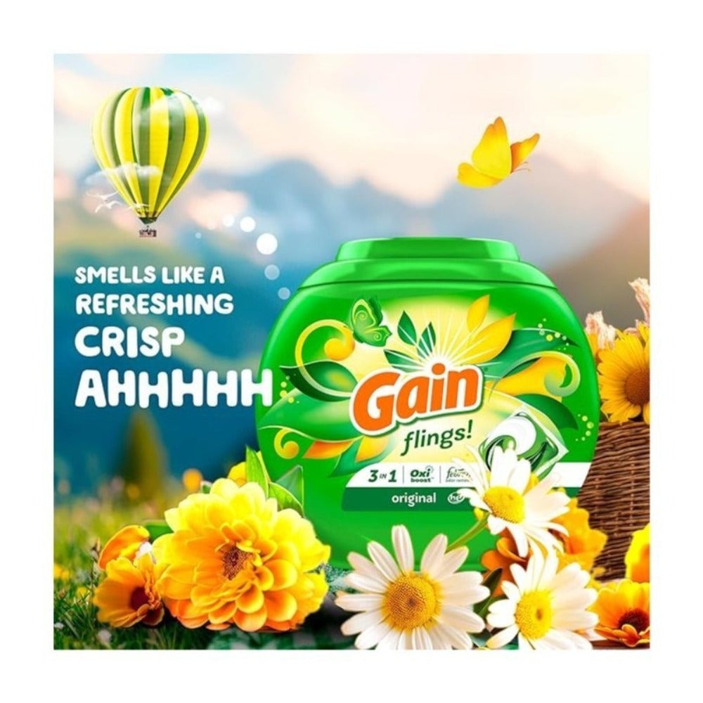 Gain Flings Laundry Detergent Pods 42ct Original Scent - 3-in-1 Concentrated Liquid Pods with Stain Remover & Odor Fighter, HE Compatible Hot & Cold Water, Pre-Measured No-Mess Laundry Pacs
