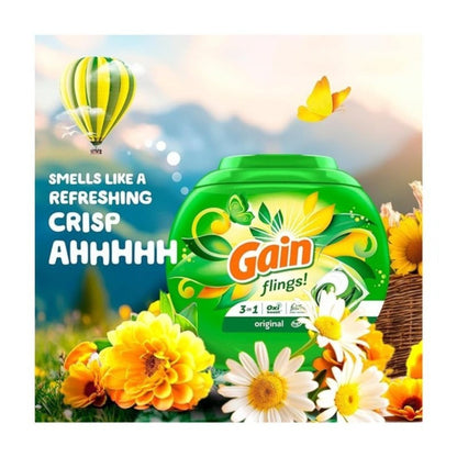Gain Flings Laundry Detergent Pods 42ct Original Scent - 3-in-1 Concentrated Liquid Pods with Stain Remover & Odor Fighter, HE Compatible Hot & Cold Water, Pre-Measured No-Mess Laundry Pacs
