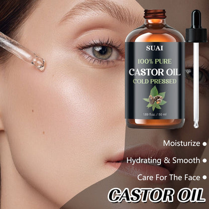 Castor Oil 100% Pure Cold Pressed 1.69oz — Hypoallergenic Multi-Use Oil for Hair Growth Eyebrow Eyelash Thickening Skin Moisturizing Nail Cuticle Care Plant Extract Women Men All Skin Types