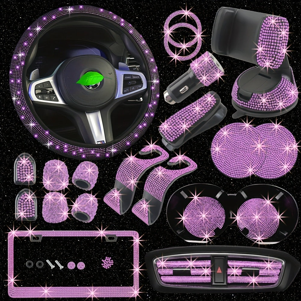 Bling Car Accessories Set 27pcs - Glitter Steering Wheel Cover 15 Inch, Bling License Plate Frame, Phone Holder & Car Coasters for Women & Men