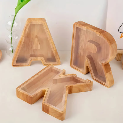Alphabet Letter Piggy Bank A-Z Wooden Coin Bank Large Capacity Transparent – Personalized Savings Box for Kids | Back to School, Christmas & Birthday Gift