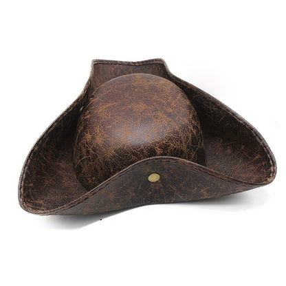 Pirate Tricorn Hat Faux Leather Wide Brim – Vintage Distressed Pirate Hat for Men Women, Halloween Costume, Cosplay, Renaissance Fair & Themed Party Accessory, Black & Brown