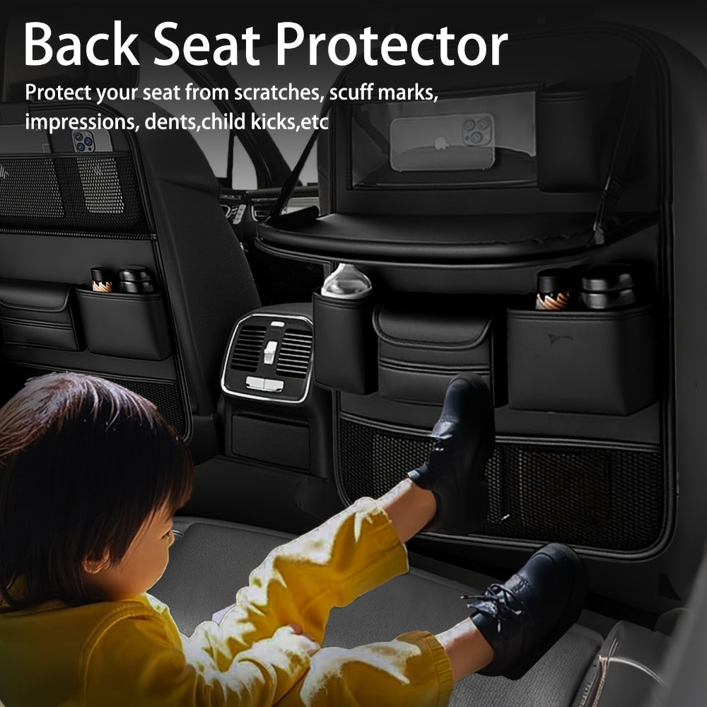 Car Backseat Organizer with Foldable Table Tray & Tablet Holder – PU Leather Seat Back Protector Kick Mat, Multi-Pocket Storage for Kids & Travel
