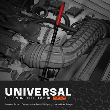 Serpentine Belt Tool Set 8-Piece, Universal 3/8" & 1/2" Drive Belt Tensioner Wrench Kit with Idler Pulley Adjuster & Crowfoot Wrenches, Chrome Vanadium Steel, Car Engine Belt Removal & Installation