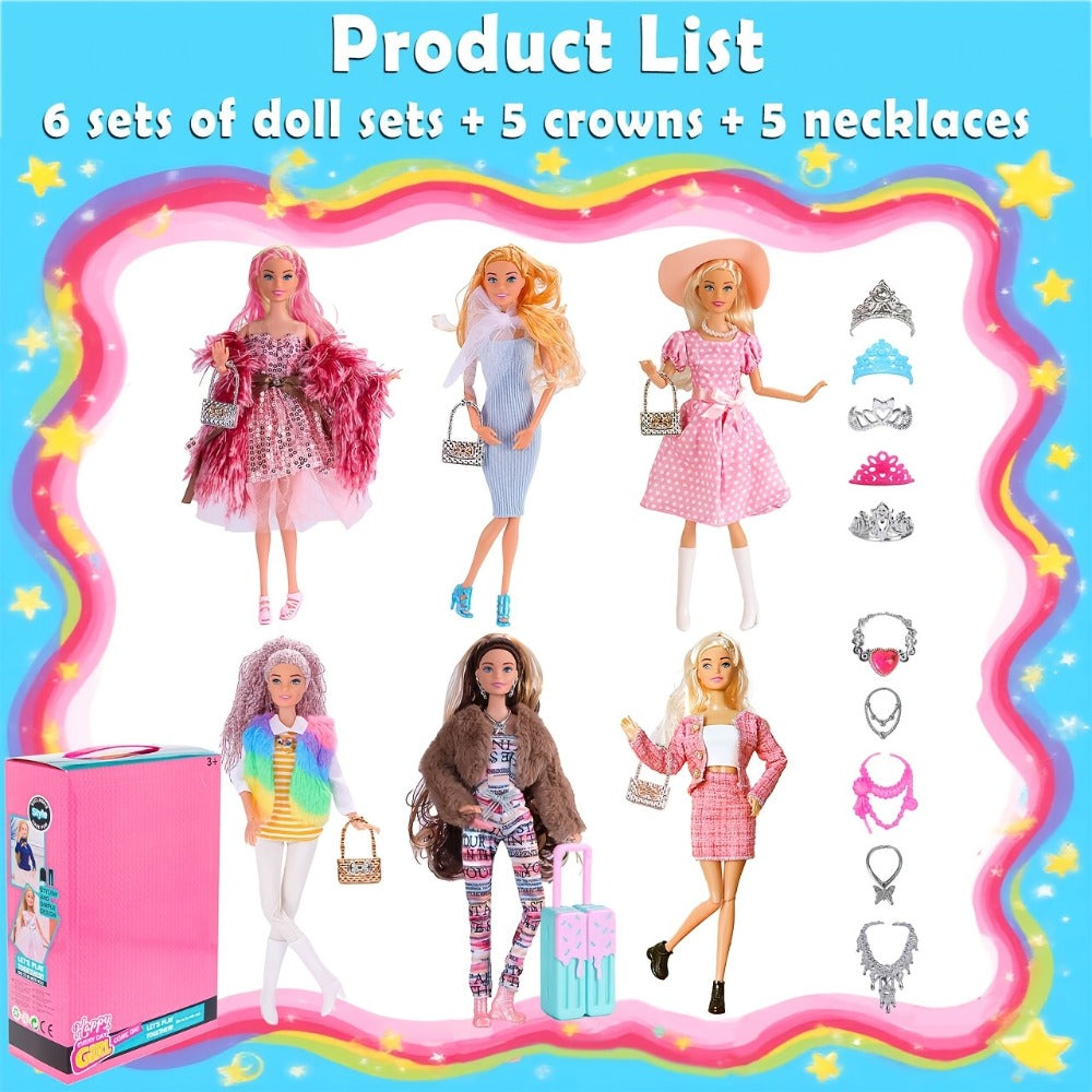 Fashion Doll Set 6 Pack 11.5 Inch Poseable Princess Dolls with Stylish Outfits Handbag Hat Crown Necklace Suitcase Individual Gift Box for Girls Kids Birthday Christmas
