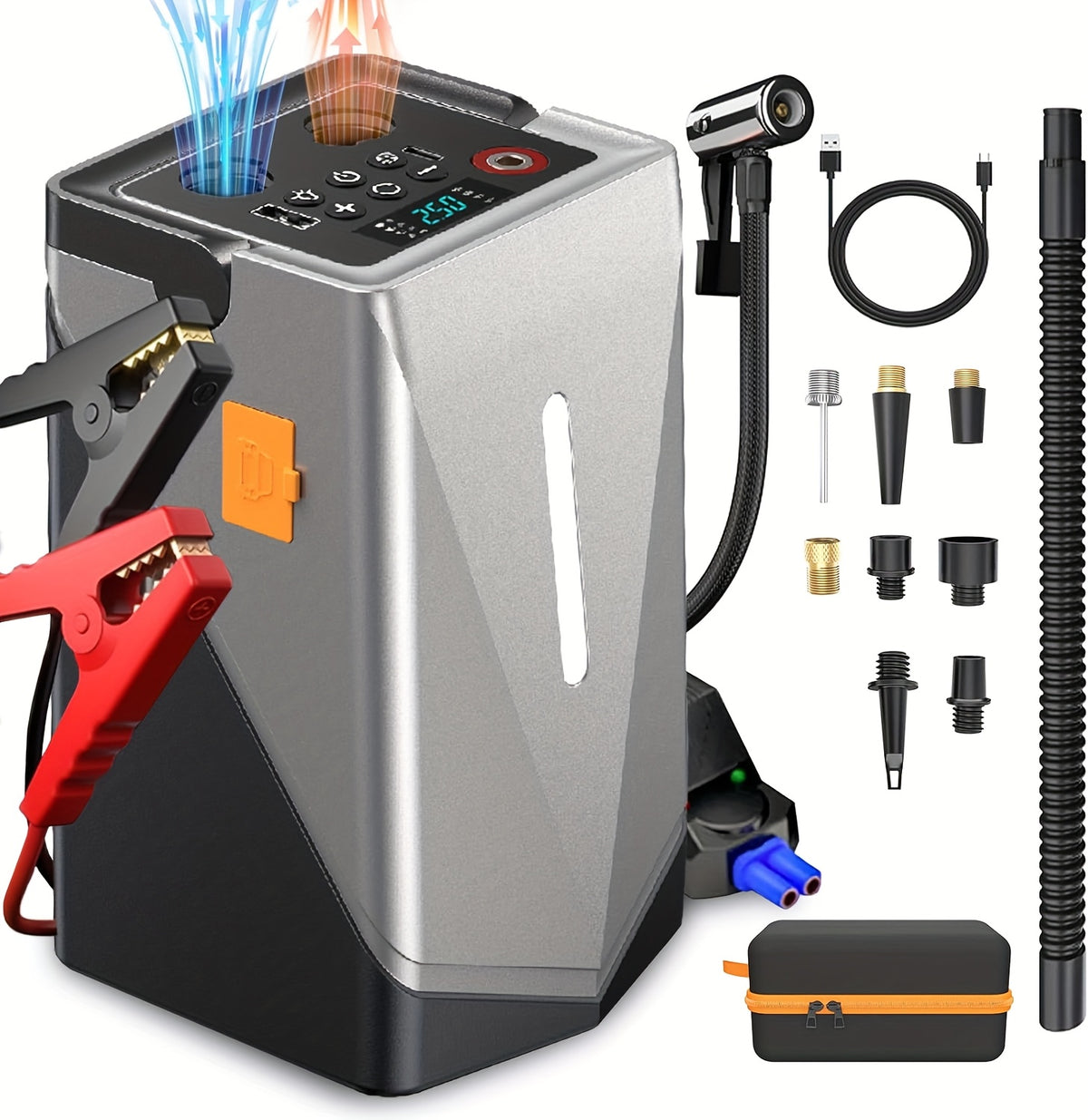 Jump Starter with Air Compressor, 5in 1 Function Jump Box 25000mAh Peak 150PSI Jump Starter Battery Pack with Digital Tire Inflator, Car Battery Charger Portable for 10.L Gas Or 2.38gal Diesel QC18W Fast Charging USB Output, LED Emergency Lighting