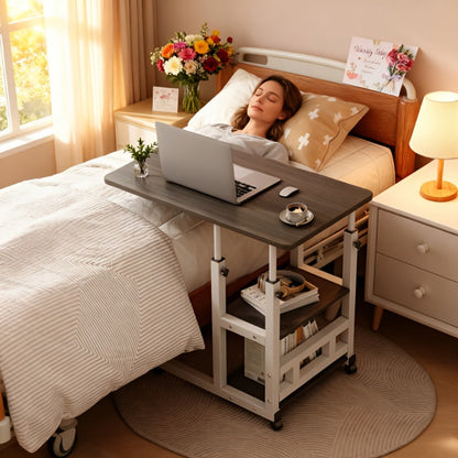 Rolling Overbed Table with Brake Wheels – Adjustable Height Bedside Nursing Dining Table for Elderly & Patients | Lockable Caster Wheels, Over-Bed Card Tray Design, 4 Colors, Practical Gift