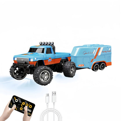 Mini RC Truck Toy 1:64 Scale 2.4GHz Off-Road Alloy Crawler with Detachable Trailer Body Lights & LED Headlights – Collectible Remote Control Truck Model Gift for Boys Girls Adults Blue Green Red